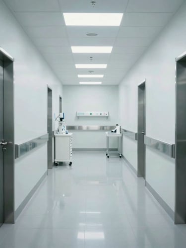 Bright, sterile medical clinic hallway in Itaigara, stainless steel surfaces reflecting clean clinical light, absolute aseptic order, no people.