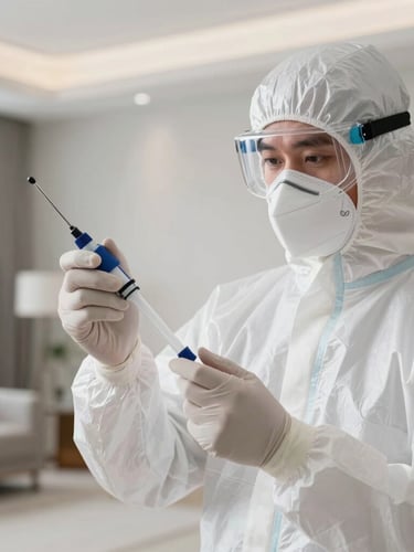 A high-resolution clinical macro photograph of a professional pest control technician in a pristine white protective suit and mask, holding a precise scientific applicator, bright clinical lighting, clean upscale residential interior of a high-end apartment in Itaigara, sharp details, negative space on the left.