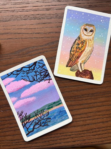 Small ACEO paintings, one of a landscape and one of a barn owl