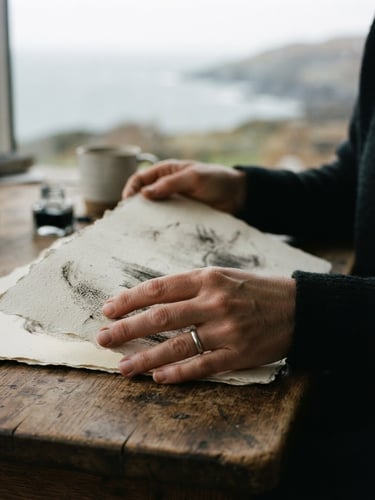Close-up of Rachel's hands holding soft charcoal, textured watercolor paper on an oak table, diffused overcast coastal daylight