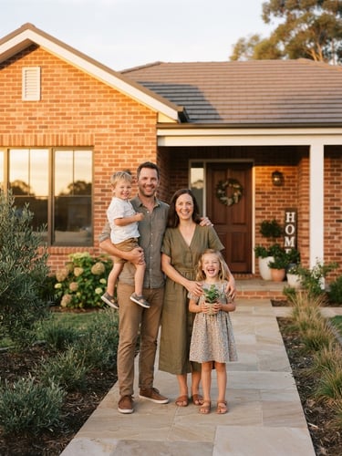 A warm portrait of a smiling family standing in front of their newly completed home, golden-hour sunlight casting a soft glow on terracotta brick details, 35mm film style.