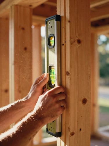 Close-up shot of hands holding a wooden level against a newly framed pine wall, warm sunlight filtering through tree leaves, dust motes in the air.