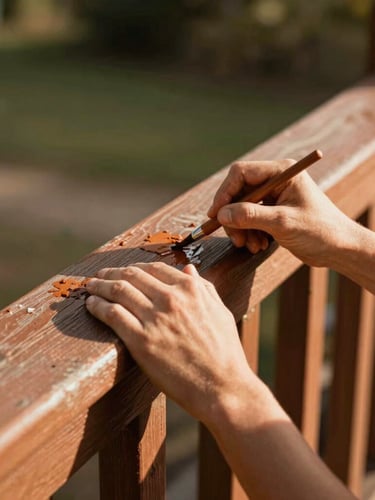 Close-up of a volunteer's hands painting a wooden porch railing, warm sunlight, rich terracotta and olive tones, shallow depth of field