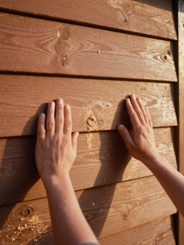 Close-up of hands framing a wooden house wall, warm golden-hour sunlight catching sawdust, volunteers in the background, 35mm film style.