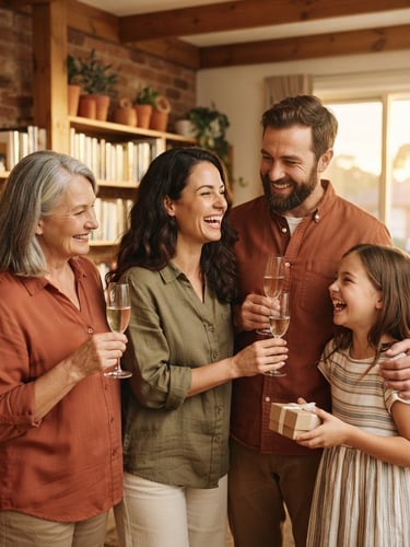 A warm-toned photograph of a family celebrating their new home, golden-hour sunlight, candid medium shot focusing on shared smiles, 35mm film style.