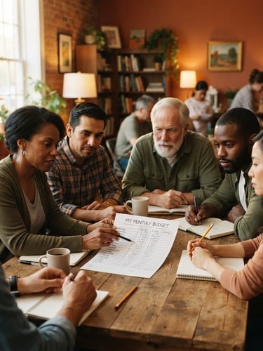 Warm interior lighting, a diverse group of adults gathered around a wooden table in a Georgia community room, looking attentively at a home budget worksheet, 35mm film style