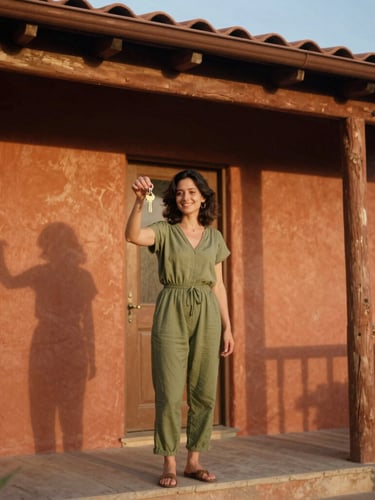 A smiling woman standing on the front porch of a warm terracotta-colored house, holding brass keys, soft golden-hour light casting long shadows, 35mm film
