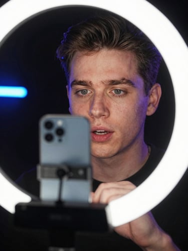 Dynamic close-up of Lukas speaking directly to a smartphone camera on a ring light rig, high-contrast studio lighting, electric neon ambient glow, sharp focus
