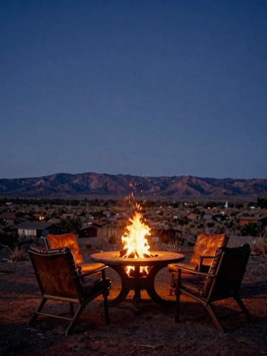 Wide environmental shot of the Santa Fe high-desert landscape at dusk, deep indigo twilight sky, warm amber firelight glowing from an outdoor table with leather chairs.