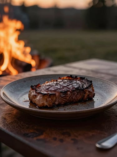 Low-lit outdoor table at golden hour with a perfectly seared steak on a rustic plate, textured leather, flickering firelight, warm moody photography.
