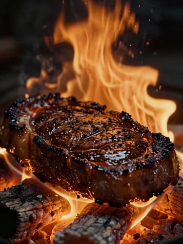 A close-up 35mm film shot of thick prime cuts of steak searing over glowing wood-fired embers, high contrast, warm amber light, deep shadows.