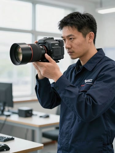 A professional technician in a clean, branded navy blue uniform adjusting a high-tech thermal imaging camera, bright daylight, organized workshop setting.