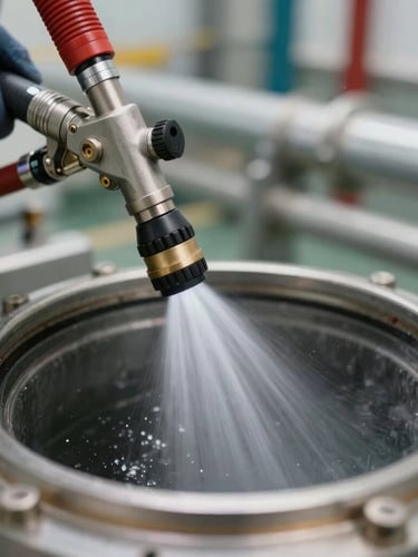 Close-up of a high-pressure hydro-jetting nozzle emitting a precise water spray inside a clean technical pipeline, sharp focus, professional lighting