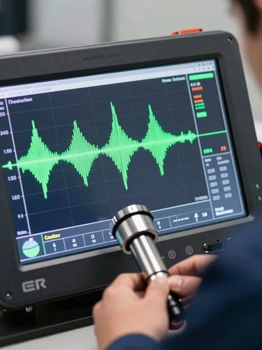 Close-up of a high-tech geophone screen showing digital acoustic wave frequencies, held by a technician in a clean navy blue uniform, sharp focus, technical lighting.