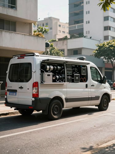 Wide environmental shot of a professional technical service vehicle parked on a clean street in Vila Madalena, bright morning light, sharp focus on the organized equipment, no people.