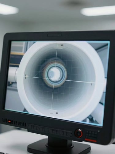 Macro shot of a high-definition video inspection screen displaying the clean interior of a PVC pipe, sharp focus on the digital grid overlay, bright technical workspace lighting.