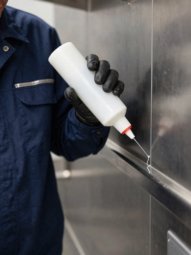 Close-up macro shot of a professional pest control technician in a clean dark blue uniform, applying a precise gel barrier in a stainless steel commercial kitchen corner, sharp focus, technical lighting