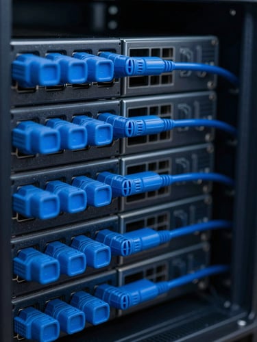 Macro close-up of a high-performance server rack with precise blue cabling, cool low-key studio lighting, sharp focus, 35mm