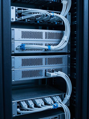 Cool technical photography of a clean server rack with precise cabling, low-key blue and white lighting, sharp focus, 35mm