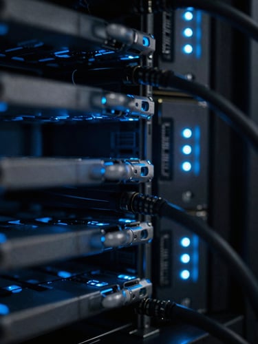 Macro close-up of high-performance server rack cabling, cool blue indicator lights reflecting on brushed metal, sharp focus, low-key technical photography, 35mm