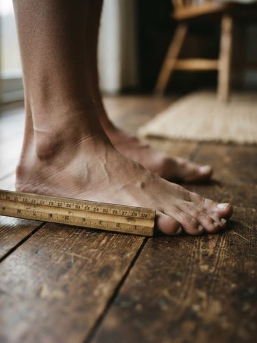 Close-up of a person's bare foot being measured with a ruler on a wooden floor, natural overcast daylight, focus on the ruler and foot, earthy tones, 35mm lens