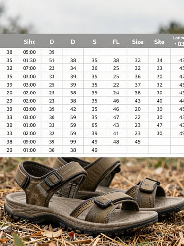 Detailed size chart for CLUSTONIT sandals, showing foot length in cm and corresponding sandal sizes (39-43), clear typography, natural lighting, shot from slightly above, earthy tones