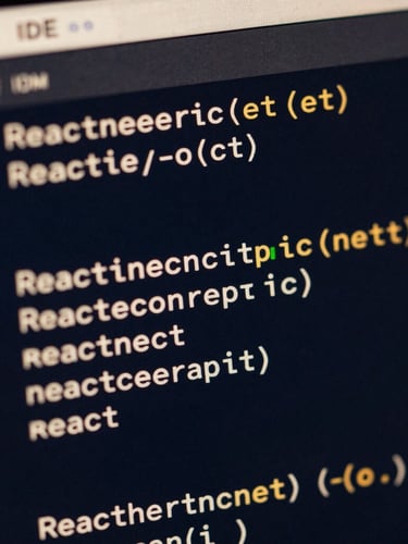 Macro close-up of high-fidelity IDE showing clean React code and structured schema markup, deep midnight navy background, warm gold accent lighting, sharp focus