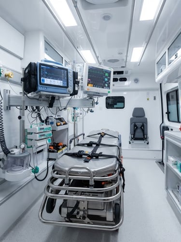 Spotless interior of a modern ICU ambulance, showing a calibrated transport ventilator and multipara monitor, bright clinical lighting, sharp focus, wide shot.