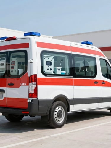 Spotless exterior of a modern, red and white ICU ambulance parked in a clean, well-lit medical facility bay, showing advanced life support equipment visible through windows, clear daylight, sharp focus.