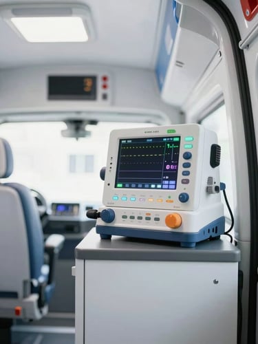 Spotless ambulance interior with a ventilator monitor displaying active readings, clear clinical lighting, sharp focus.
