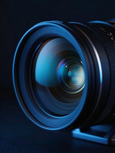 Macro close-up of a high-end anamorphic camera lens reflecting glowing electric blue neon light in a dark studio, cinematic atmosphere, premium tech aesthetic