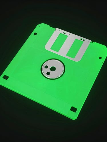 lo-fi digital 3d render of a spinning green floppy disk, neon glow, dark cybernetic mood