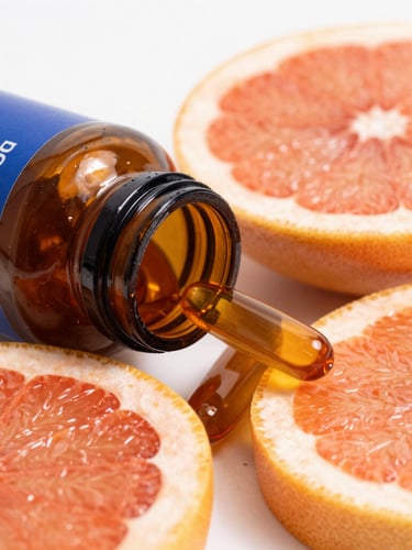 Macro close-up of a premium amber supplement bottle resting next to vibrant sliced grapefruits, sharp focus, 50mm lens, warm sunny highlights
