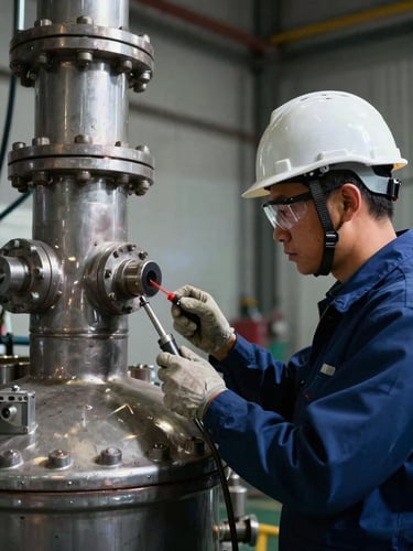 A technical engineer wearing a white hard hat and safety glasses, performing an ultrasonic thickness test on a massive industrial steel boiler, dramatic high-contrast lighting.