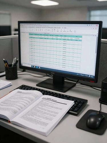 Wide overhead shot of a compliance workstation under cool fluorescent office light — a large monitor displaying data audit trail logs, printed DPDP Act documentation open beside a keyboard, precise and institutional, no people visible