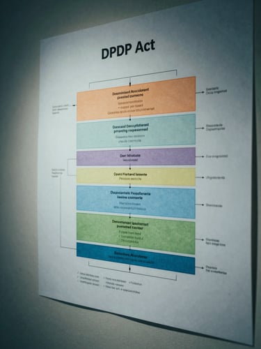 Close-up overhead shot of a wall-mounted compliance architecture diagram with DPDP Act requirement layers annotated in structured grids, cool fluorescent light casting even shadows, printed on large format paper, no people visible