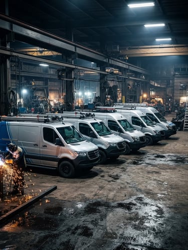 Branded mobile service fleet lined up, high-contrast industrial lighting, dramatic shadows, cool steel tones, sharp details, 50mm lens.
