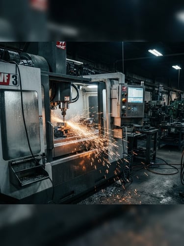 Wide panoramic of a heavy CNC milling machine in action, sparks flying from the cutting tool, high-contrast industrial lighting, cool steel tones with warm amber sparks, sharp details, 50mm lens, subject slightly off-center to the left.