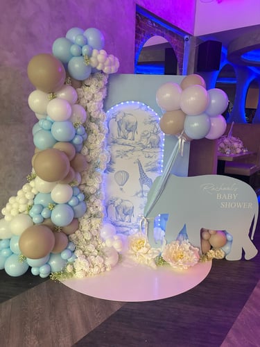 Elephant themed baby shower balloon backdrop in Liverpool