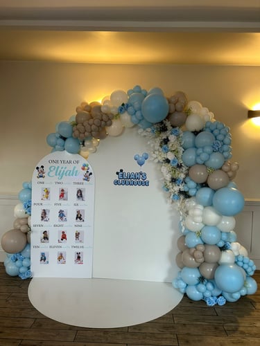 Blue Mickey Mouse themed balloon backdrop for children’s party in Liverpool