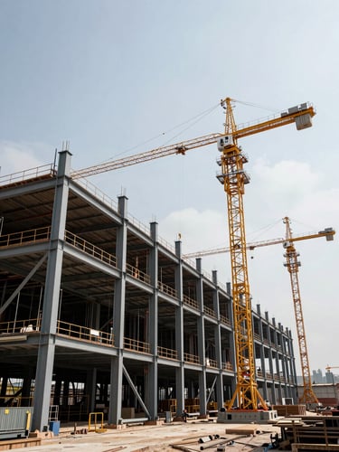 Wide environmental shot of a massive structural steel framing site, towering cranes under high-contrast overcast daylight, industrial scale with negative space.