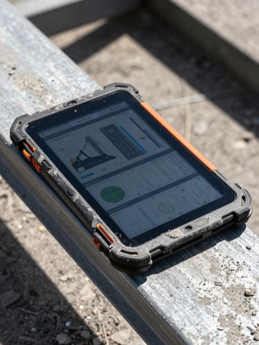 High-contrast portrait shot of a ruggedized tablet covered in concrete dust resting on a steel beam, displaying active jobsite productivity charts under harsh midday sun