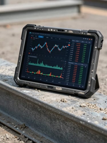 A ruggedized tablet covered in concrete dust sitting on a raw steel beam, displaying real-time financial tracking software, harsh midday sun