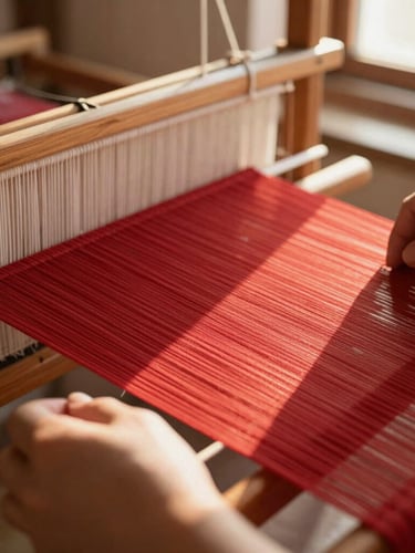 Extreme close-up of hands working on a wooden hand-loom, rich crimson threads catching soft warm window light, shallow depth of field, fine textile details.