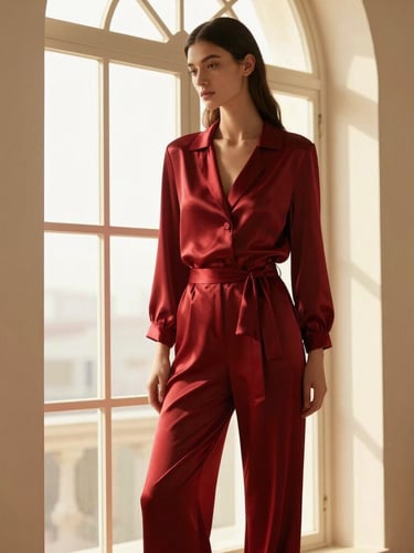 Editorial fashion portrait of a model wearing a crimson silk co-ord set, standing elegantly by a tall arched window with soft golden-hour light.