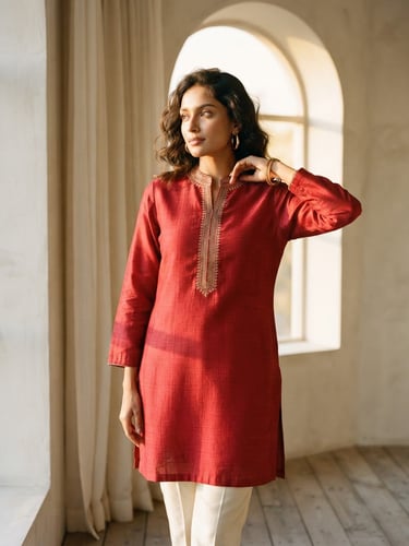 A high-fashion editorial portrait of a model in a sun-drenched, minimalist architectural setting, wearing a rich crimson tailored silk kurti. Soft golden-hour window light casts gentle shadows, highlighting the fine loomed texture.