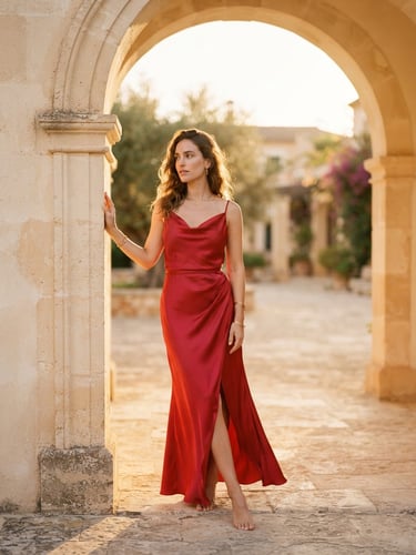 Elegant woman in a draped crimson silk dress standing against a sun-drenched ivory stone arch, soft golden-hour lighting, editorial fashion photography.
