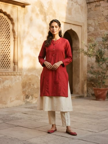 Editorial full-body portrait of a model in a structured crimson kurti standing in a sun-drenched minimalist stone courtyard, warm golden-hour window light, soft shadows, Bodoni aesthetic.