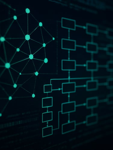 Macro close-up of a high-resolution terminal screen displaying complex green node graphs and ledger transaction flows on a dark background, cool screen-glow, sharp focus