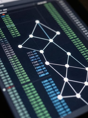 Macro shot of a high-resolution screen displaying complex node graphs and ledger transaction flows, cool screen-glow lighting, deep obsidian and slate tones, sharp focus on digital data.